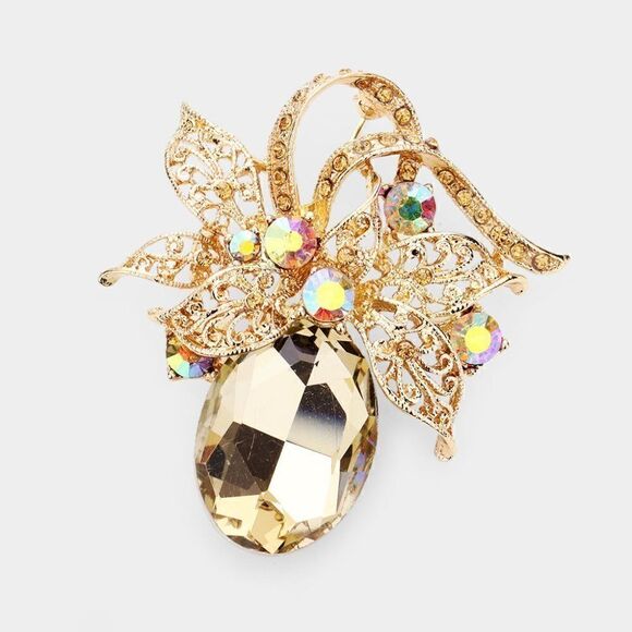 Oval Topaz Colored Crystal Stone Leaf Pin Brooch - Picture 1 of 5